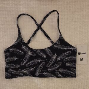 Fused Feather-Print Black Bikini Top - M
